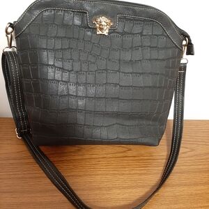 Black Croc-Embossed Crossbody Bag with Gold Accent